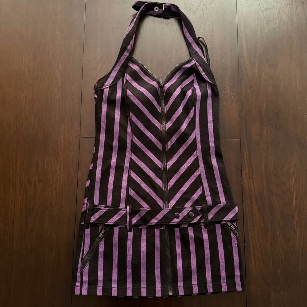 Lip Service Black and Purple Striped Halter Dress